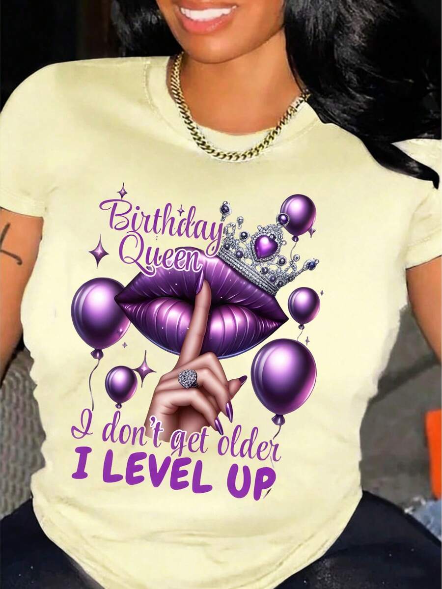 Queen's Birthday Queen Pattern T-Shirt, 100%Cotton, Casual Round-Neck T-Shirt With Balloon And Lip Print, Regular Length, Knitted Fabric, Suitable For All Seasons, Allseason Top| Humorous Design | Medium Elasticity - Apricot-pink - 查看 1