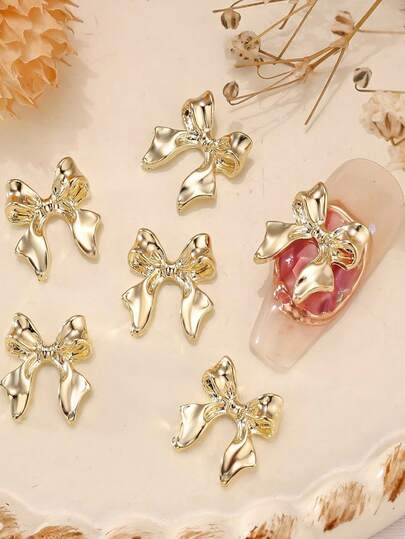 10pcs Y2K Style Gold Alloy Bow Nail Art Decorations, Shiny 3D Nail Gems,Starry Nail Jewelry Sexy Pendant,Handmade DIY Nail Art Decor Accessories, Decorative Accessories,10pcs Golden Ribbon Bowknot Nail Charms Nail Art Gift Box For Valentine's Day Wedding & New Year
