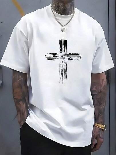 Cotton Men's T-Shirts,  Men's Cotton Vintage Cross Print T-Shirt Valentine's Day Ropa De Hombre Shirts For Men Mens Tshirts Men Clothes Breathable Cotton Crew Neck T-Shirt, Designed For Outdoor Life, Journeys, Hiking Trails, And Everyday Relaxed Style