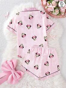 Disney 少女米妮条纹卡通印花两件套，可爱休闲配套弹力腰短袖上衣和短裤睡衣套装，丝滑柔软透气面料，适合所有季节。 - 粉色 - 查看 2