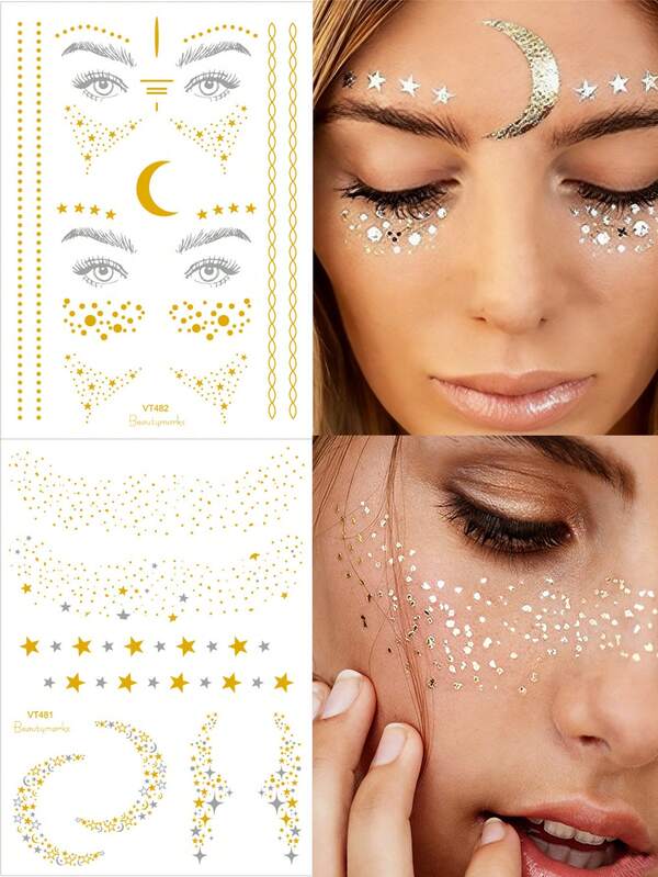 1张金属质感临时纹身贴纸，适用于面部和眉毛，防水遮盖雀斑，闪亮月亮和星星图案，适合节日或派对身体装饰。