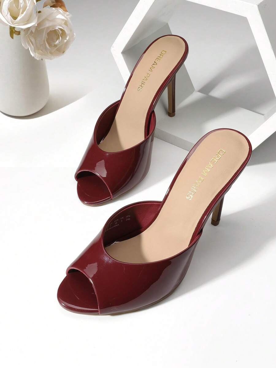 Women High Heels Stiletto Mule Sandals, Sexy Peep Toe Slip On Sandals For Party Dressy Prom Wedding Casual Wearing - 酒紅色 - 查看 1