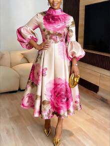 Valentine's Day, Date Night Outfit, Gifts For Her Women's Blush & Pink Floral Midi Dress - High Neck With Puff Sleeves & Full Skirt | Elegant Fit For Sunday Brunch,  Wedding Guest, Church Services, Afternoon Tea & Garden Parties (Romantic & Eye-Catching) For Feminine Sophistication - Ivory - 查看 5