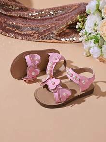 “女童闪亮蝴蝶结珍珠凉鞋 – 可调节魔术贴绑带，柔软鞋垫，亮片装饰，时尚夏季派对儿童鞋履” - 粉色 - 查看 3