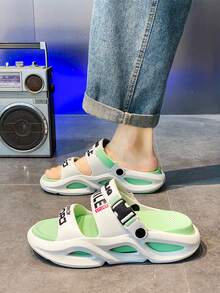 Herr sommarbokstävertryck halkfria casual tofflor, EVA snörning ihåliga andningsbara husstrandskor, unisex parmodeller - Vitt och grönt - Visa 8