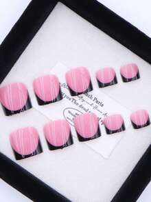 Bộ 24 móng tay giả màu hồng thanh lịch kiểu Pháp - Móng giả ngắn vuông bóng bẩy với viền đen, phù hợp cho phụ nữ và bé gái, móng dán, dụng cụ làm móng nghệ thuật. - màu đen - Xem 3