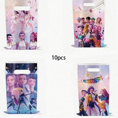 10个K-POP女巫猎人主题透明礼品袋（10种不同设计，尺寸16厘米/6.3英寸*25厘米/9.84英寸，耐用塑料材质） - 非常适合派对回礼、礼品包装、活动礼品袋 | 适用于万圣节派对、感恩节聚会、圣诞节礼物交换、情人节、新年庆祝活动、复活节活动、毕业典礼和青少年/成人生日派对