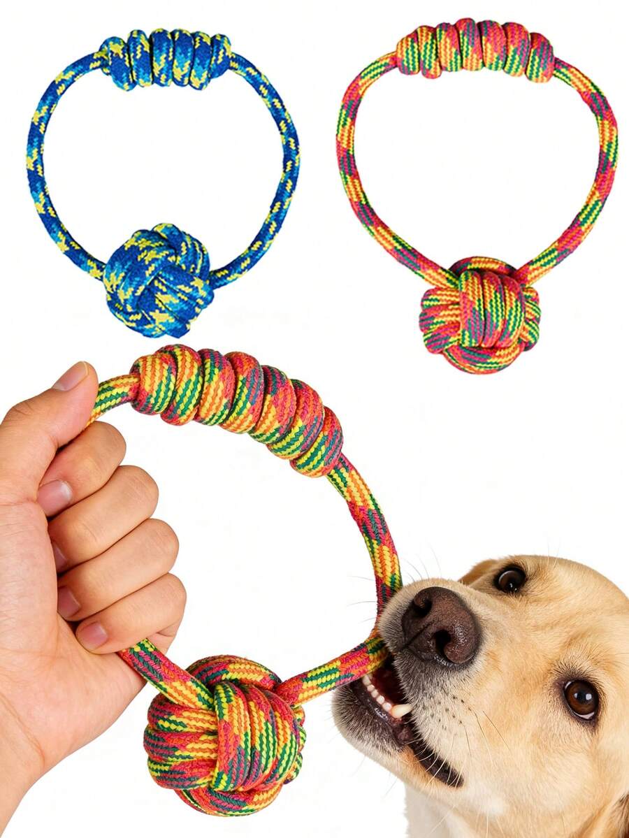 1个宠物绳结玩具，适合各种体型的狗狗，可用于牙齿护理和牙龈按摩，缓解无聊，户外舒适，互动玩耍，拔河，捡球，蓝黄/彩虹色吸引狗狗注意力，预防焦虑/出牙不适，宠物用品，绳结玩具，宠物玩具 - 彩色 - 查看 1