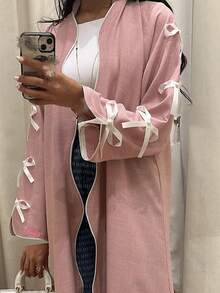 Đầm Abaya màu hồng thắt nơ dành cho nữ, kiểu dáng thanh lịch Trung Đông. - Hồng - Xem 2