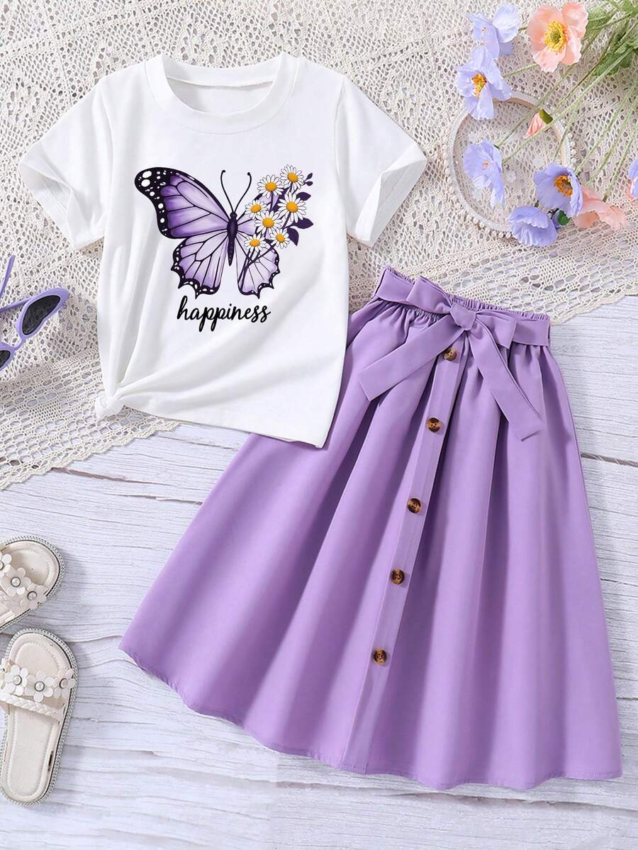 Young Girl Butterfly Print Short Sleeve Top And Belted Skirt Set - White - View 1