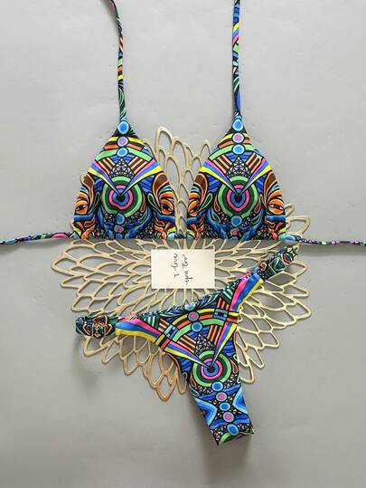 2pcs Casual Cute Elegant Sexy Bohemian Floral Tie-Up Braided Bikini Swimwear, Suitable For Beach Vacation, Spring/Summer
