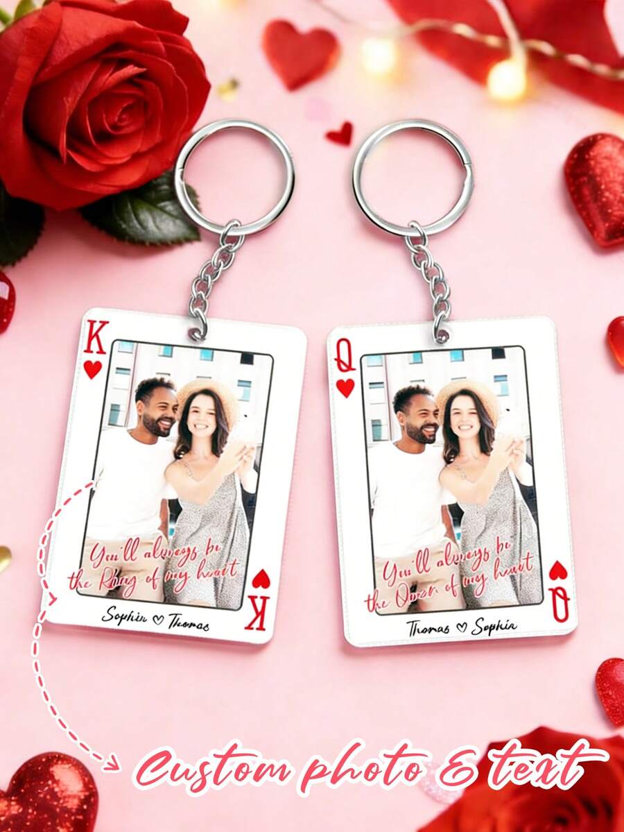 Personalized "My King/Queen" Photo Keychain, Customized Acrylic Couple Keychain, Valentine's Day/Anniversary Gift (For Him/Her), Anniversary, Birthday, Couple Gift, Birthday Gift, Bag Charm, Wallet Charm - Multicolor - View 1