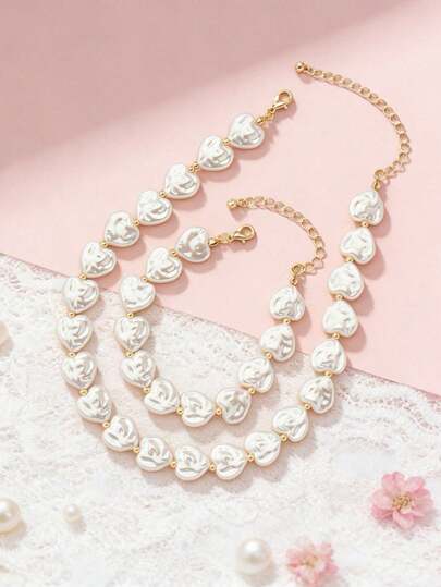 2件套心形项链手链套装，女孩款，仿珍珠爱心锁骨链，生日节日派对礼物