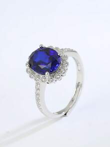 1pc Luxury Elegant S925 Silver Adjustable Ring For Women, Featuring 4-Claw Setting Of Lab-Grown Royal Blue Sapphire, Exquisite & High-End, Suitable For Valentine's Day, Ramadan - Silver - View 3