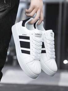 男女通用休闲运动鞋、滑板鞋、四季鞋、健身训练鞋、户外休闲鞋、条纹设计、系带 - 白色 - 查看 2