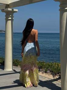 宽松女士无袖露背连衣裙，波西米亚风吊带连衣裙，沙滩度假派对连衣裙 - 黃色 - 查看 2