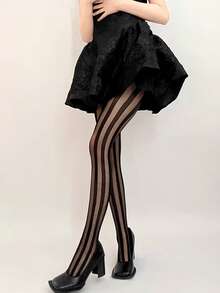 1双性感黑色西瓜条纹丝袜，Y2K Hottie竖条纹拼接不透明连裤袜 - 彩色 - 查看 2