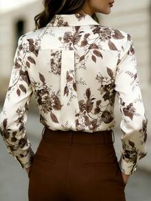 Women's Elegant Brown Floral Print Long Sleeve Polyester Blouse Top With Front Button, Formal Silhouette Vacation Spring - Brown - View 5
