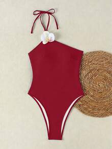 2026 女士红色连体泳衣，3D 立体花卉装饰，性感修身泳装，适合海滩和度假，夏季 - 紅色 - 查看 3