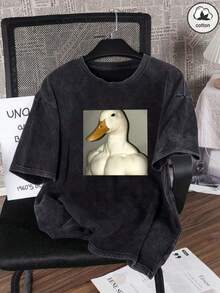 大码女式夏季鸭子印花休闲简约日常宽松水洗棉短袖圆领T恤 - 黑色 - 查看 7