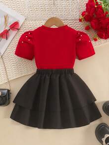 Conjunto de 2 peças com Top de Gola Redonda e Manga Bufante com Decoração de Pérolas e Saia com Bainha Franzida e Cintura Elástica, Estilo Vintage, Primavera/Verão - Vermelho - Visão 2