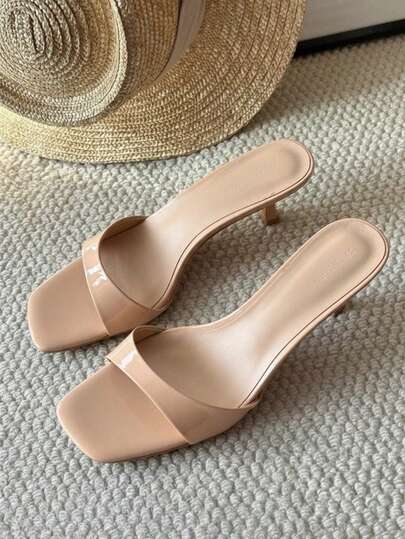 French Elegant High Heel Slide Sandals, Open Toe, Minimalist Style, Thin Heel, Women