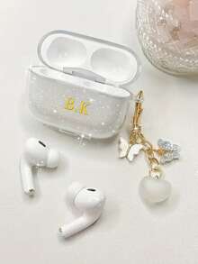Customized (2 Pieces Set, Including Butterfly Lanyard) Transparent Glitter Earphone Case Compatible With AirPods 1/2 3 New 4 Pro 3, Personalized Letter Name, Back To School, Valentine's Day Gift, Good Birthday Gift, Holiday Gift, Gift For Him/Her, Personalized Gift, Custom Product, Customized Gift For Her/Him, Anniversary/Wedding Gift - Clear - View 1