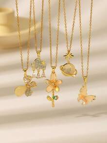 Fairy Tale Style Semi-Precious Stone Necklace, Butterfly, Cloud, Flower, Planet Pendant, Gold Delicate Chain Necklace, Everyday Sweet Outfit Accessory - Gold - View 1