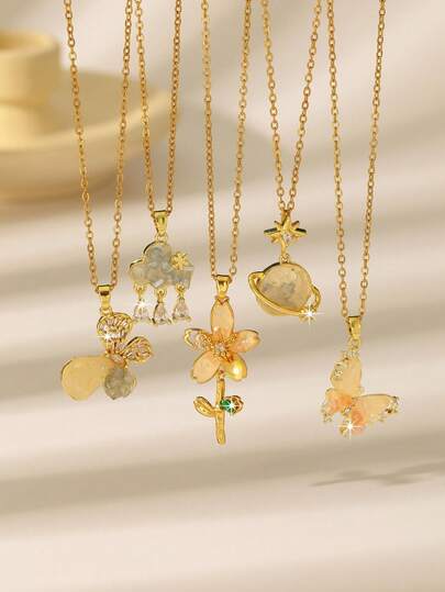 Fairy Tale Style Semi-Precious Stone Necklace, Butterfly, Cloud, Flower, Planet Pendant, Gold Delicate Chain Necklace, Everyday Sweet Outfit Accessory
