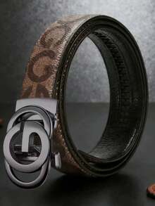 男士时尚百搭字母金色自动扣皮带 - 黑色仿皮，压纹设计，皮革质感，商务或休闲场合的完美节日礼物 - 彩色 - 查看 11