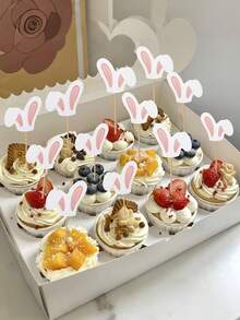 12pcs Pink Glitter Bunny Ear Shaped Easter Egg Cake Toppers, Children's Birthday Party, Baby Shower Party Supplies - Multicolor - View 1