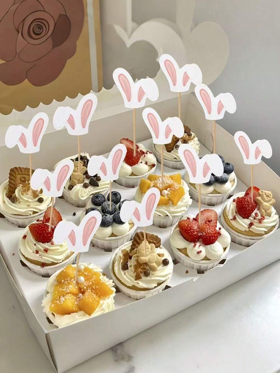 12pcs Pink Glitter Bunny Ear Shaped Easter Egg Cake Toppers, Children's Birthday Party, Baby Shower Party Supplies - Multicolor - View 1