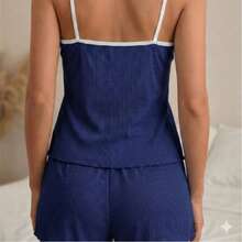 Navy Blue Ribbed Lace Babydoll - Navy Blue - View 2