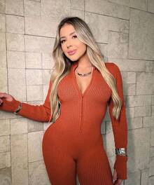 Women's Fitted Ribbed Jumpsuit With Front Zipper And Elegant Long Sleeves, Knit Fabric, Winter - Rust - View 2