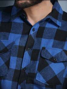Men's Long-Sleeved Plaid Flannel Dress Shirt, Regular Fit, Buttons Down The Front, With Pocket. - Màu xanh lam - Xem 2