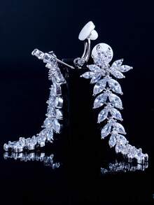 1 Pair Long Leaf Dangle Drop Clip On Earrings, Bridal Wedding Zirconia Crystal Silver Plated Cubic Zirconia Jewelry Accessories For Brides, Banquet, Party, Pageant, Prom, Women, Ladies, Bridesmaids Gifts - 1 Pair Clip On Earrings - View 7