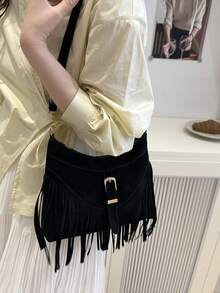1 Peça Bolsa Transversal Casual Versátil com Zíper Liso, Decoração com Borla em Couro PU Preto, Adequada para Uso Diário de Mulheres - Preto - Visão 3