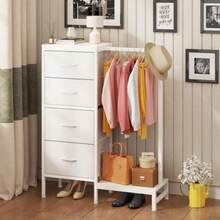 Dresser With Hanging Rack 4 Drawers Small Closet For Bedroom Reversible Fabric Chest Of Drawers With Clothes Rack Tall Storage Tower Sturdy Frame White 43.5''H - White+30D X 76W X 110.5H cm (4 Drawers) - View 3