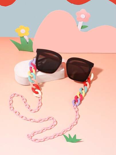 1 pieza Gafas de moda con marco cuadrado de policarbonato ovalado rosa para niños y niñas de 5 a 10 años + 1 pieza Cadena para gafas para viajes al aire libre con estuche para gafas