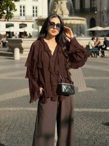 Áo kiểu nữ Vuslat màu nâu thời trang mùa hè, đa năng, phong cách công sở thường ngày, vạt áo xếp ly bất đối xứng, chất liệu chiffon hơi xuyên thấu, cài cúc phía trước, tay dài, cổ chữ V, thích hợp cho các buổi hòa nhạc, đi làm hàng ngày, lễ Phục sinh, kỳ nghỉ hè, đi biển và phối cùng bikini. - Màu nâu Sô-cô-la - Xem 3