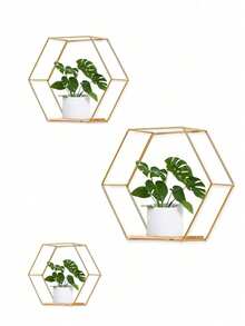 3 piezas/1 pieza Estantería de pared hexagonal dorada, estantería de almacenamiento montada en la pared para decoración del hogar, estantería para exhibición de libros, estantería de arte de hierro, estantería de pared - Dorado - Ver 3