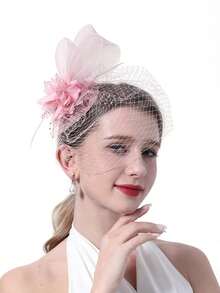 1 Peça Chapéu Fascinator Vintage Feminino dos Anos 20, 30 e 50, Charme Headpiece com Laço, Flor e Véu, Adequado para Casamento, Chá da Tarde - Rosa empoeirado - Visão 1
