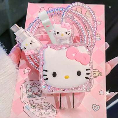 SANRIO Hello Kitty DIY 数据线保护套，数据线整理器，带标记防止误抓 - 高品质，兼容 17/16/15/14/13/12/11，20W 充电器适配器