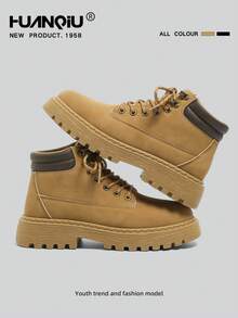 HUANQIU Boots 2026 New Autumn British Style Retro Work Boots Thick Sole Height Increasing Yellow Boots Men's Shoes Solid Color Western Style Workwear Style Lace-Up Metal Eyelets Home Wear - Camel - View 2