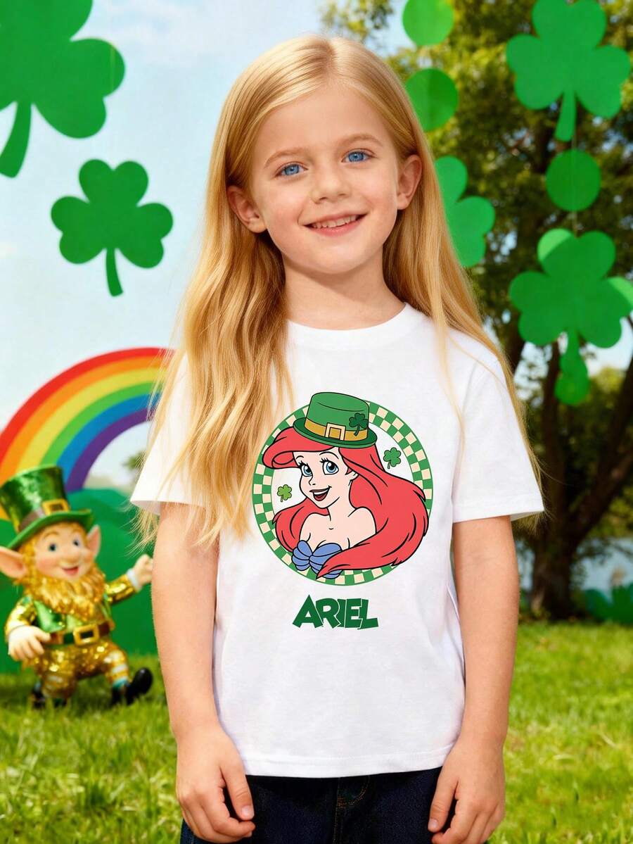 Disney St. Patrick's Day-Themed T-Shirt, Disney Princess Ariel Lettering Print Girls' T-Shirt. Made Of Soft, Comfortable 100% Cotton Fabric That's Breathable And Durable. Spring/Summer Children's T-Shirt, Unisex For Boys And Girls. Perfect As A Gift For Little Ones. - White - View 1