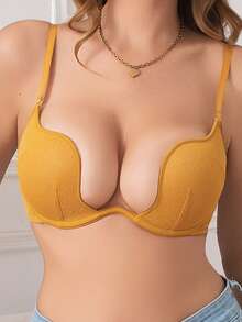 女士黄色U型露背深V聚拢提拉文胸，柔软钢圈，舒适时尚 - 黃色 - 查看 3