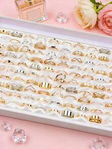 22/33/44件装精致时尚可爱镂空男女童戒指，花朵、蝴蝶、爱心、水钻、仿珍珠等款式随机，节日派对礼物，日常佩戴饰品 - 水鑽鏤空珍珠戒指 - 查看 3