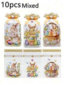 10pcs Easter Bunny & Egg Pattern Gift Bags, Made Of Plastic, Easter Drawstring Candy Bags, Candy And Snack Packaging Bags, Gift Wrapping Supplies, Suitable For Easter Parties, Birthday Parties And Theme Parties. - Multicolor - View 9