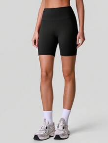 Sodalemon Women's Elastic Waist Yoga Shorts With Side Pockets, Butt Lifting, Solid Color, Suitable For Fitness, Outdoor Casual Sports - Black - View 6