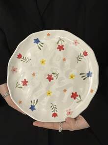 1pc Asymmetrical Ceramic Plate, Hand-Painted Floral Plate, Bread/Dessert/Dinner/Salad/Steak/Pasta/Cake Plate, INS Style